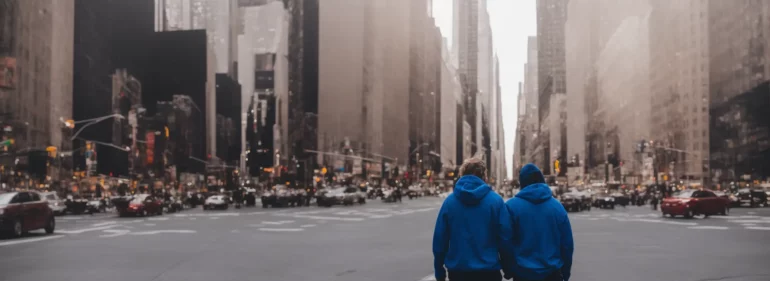 Два человека в одежда Abercrombie Fitch стоят в середине площади Нью Йорка